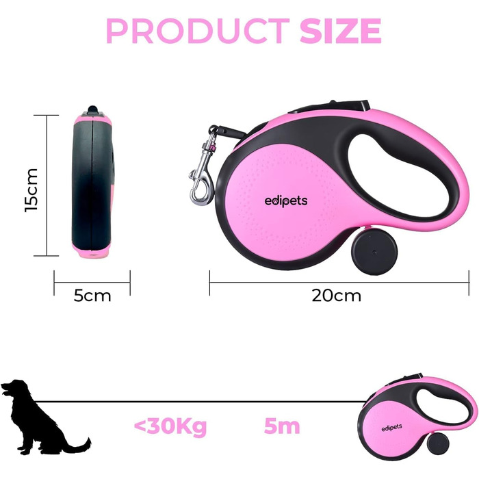 Hundeleine Edipets висувна та звичайна, 5 м, 8 м, для собак маленьких, середніх та великих порід, для прогулянок та тренувань (зелений, рожевий)