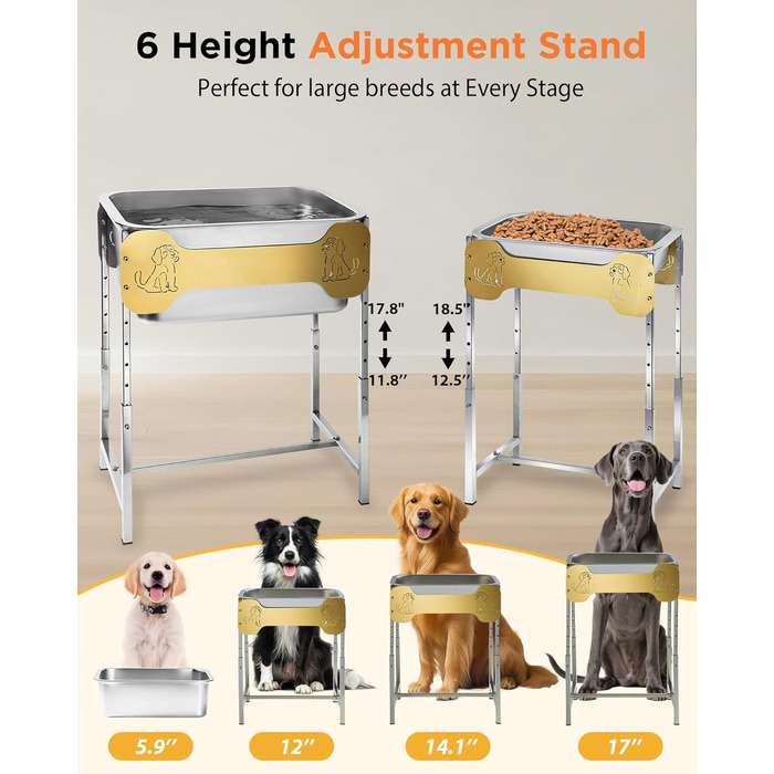 Підвищені годівниці для собак великих та гігантських порід, 2 шт., об'єм 10 л води та 4,5 л корму, 6 регульованих по висоті підставок, миски з нержавіючої сталі для великих собак, зняття навантаження на суглоби, легкі