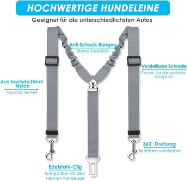 Ремінь безпеки для собак SlowTon в авто, 2 в 1, регульований, відбиваючий, сірий. Для подорожей та прогулянок.