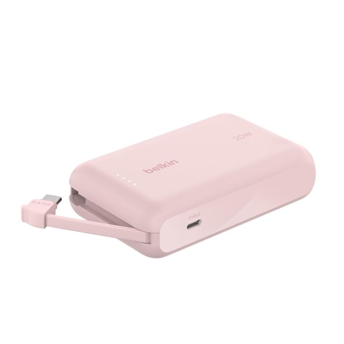 Повербанк Belkin BoostCharge 10000mAh з вбудованим кабелем USB-C, 20W, LED-індикатором, рожевий