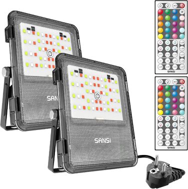 SANSI RGB LED Floodlight Outdoor 10W, LED Floodlight with Remote Control IP65 Waterproof, RGB Floodlight Dimmable Color Changing with Timer, 20 Colors 6 Modes for Garden Landscape Party Event, 2 Pack