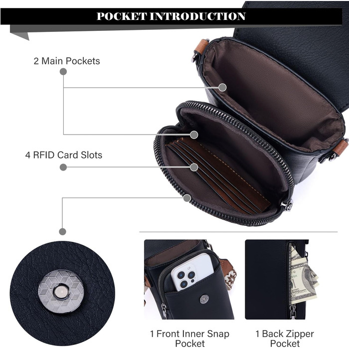 Сумка-органайзер на шию MUIIKOLA з RFID-захистом для смартфонів, жіноча, екошкіра, велика місткість, чорно-коричнева