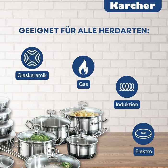 Набір каструль Karcher Jasmin 20 предметів, нержавіюча сталь, для індукції, з кришками, каструлі та сковорода, підходить для всіх плит, посудомийна та духовочна безпека, з мисками з нержавіючої сталі