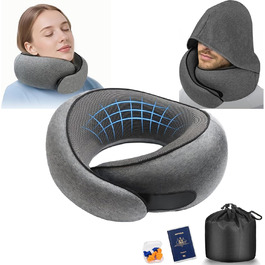 Подушка для шиї з регульованою капюшоном та 360° підтримкою шиї | Ергономічна подушка з піною з пам'яті для подорожей (літак, авто) | З чохлом та берушами | Дихаюча та пральна (темно-сіра)