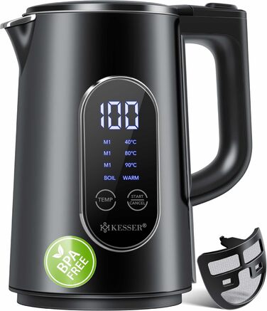 KESSER® Stainless Steel Kettle 1.7 Liter | LED Display | 4-Mode Temperature Setting 40°C-100°C | 30-Minute Keep Warm | Electric Tea Kettle 2200W BPA-Free | Scale Filter & Easy-Open Lid, (Black)