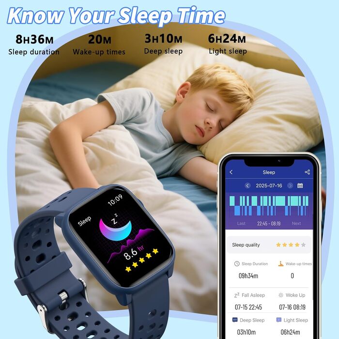 Дитячий розумний годинник Smartwatch Kinder з фітнес-трекером: пульсометр, крокомір, моніторинг сну, водонепроникність IP68, ігри, 1.85' HD-екран для дівчаток та хлопчиків 6-16 (блакитний)