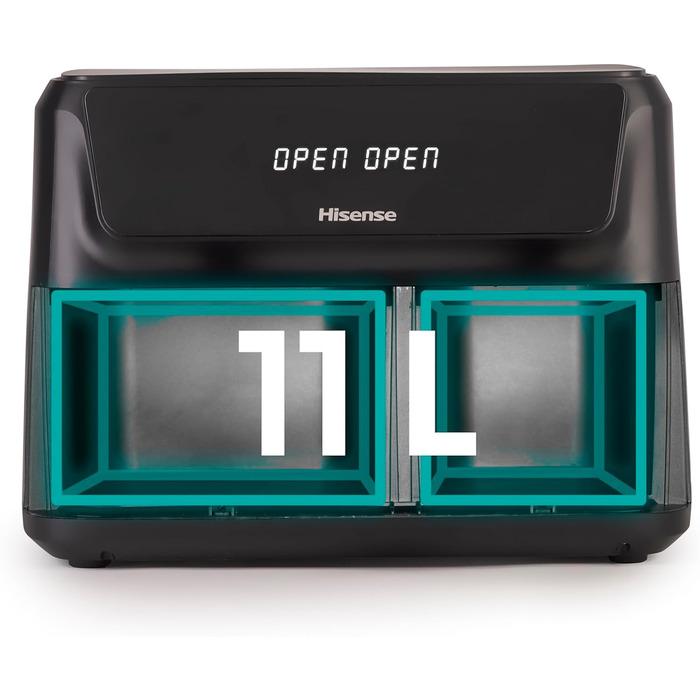 Фритюрниця повітряна Hisense HAF2700DCD, 2700 Вт, 11 л, 8 програм, антипригарне покриття, дисплей, енергоефективна, SyncServe, чорний, подвійний кошик