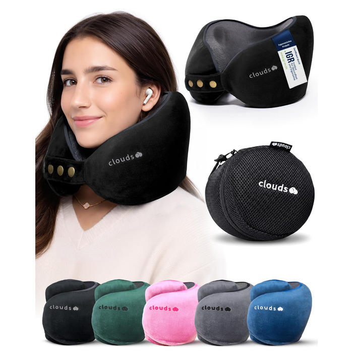 Подушка для шиї CLOUDS для подорожей: Memory Foam, 2 розміри (L/XL), дихаючий чохол, 5 кольорів (чорний)
