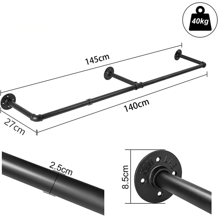 Wall-Mounted Clothes Rack, Pipe Clothes Rail, Industrial Style Wall Hanger, Detachable Metal Clothes Rod, Coat Rack, Bedroom for Hallways, Living Room, Bedroom (140cm)