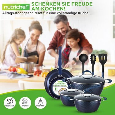 Набір посуду NutriChef 11 предметів: каструлі та сковорідки з антипригарним покриттям, для всіх типів плит (темно-синій)