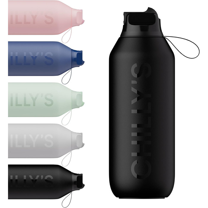 Chilly's Series 2 Flip Bottle - Thermos flask with sport cap, telescopic straw, and nylon carry loop - stainless steel bottle with easy flip opening, straw cleaning brush included