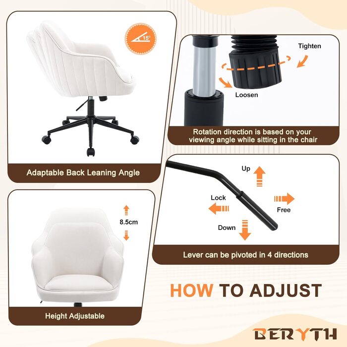 Офісний стілець для дому та офісу до 136 кг, обертовий, оксамит, з підлокітниками та колесами, ергономічний, білий