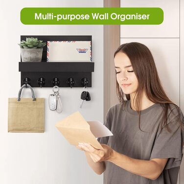 Дерев'яне ключниця на стіну з полицею, чорний колір, 5 гачків, для прихожої, спальні, вітальні