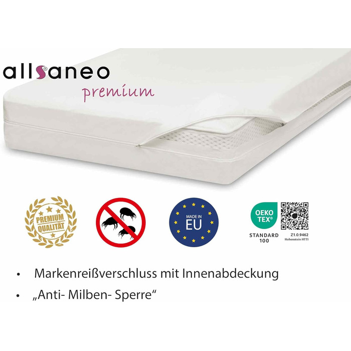 allsaneo Premium Allergy Cover 180x200x8 cm | Allergy Cover Extra Soft and Lightweight | Anti-Mite Encasing | Dust Mite Protection | Allergen-Tight Fitted Sheet | TÜV Tested