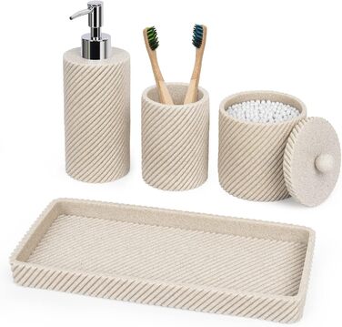 Bathroom Accessory Set, 4-Piece, Lotion Soap Dispenser, Toothbrush Holder, Qtip Holder, Vanity Tray for Decoration, Bathroom, Countertop, Vanity Organizer, Beige