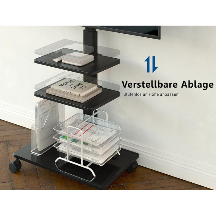 FITUEYES Rolling TV Stand with 3 Shelves - Adjustable Height & Swivel - Fits 32-60 Inch TVs (up to 30kg, VESA 600x400)
