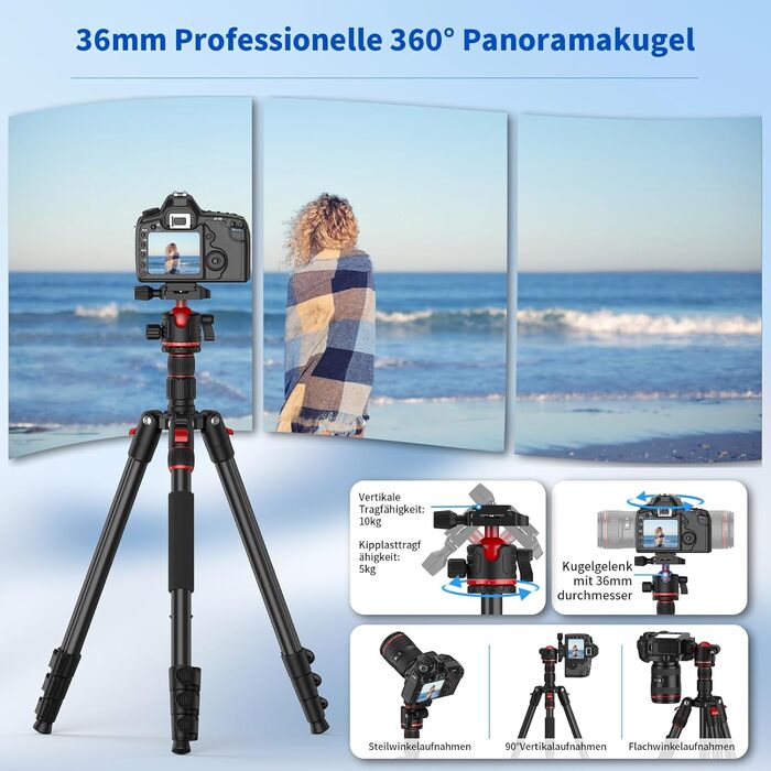 Штатив для камери XXZU 188 см, складаний, з кульковою головкою 360°, для DSLR, телефону, телескопа, чорно-червоний