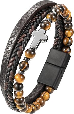 Чоловічий браслет з шкіри, розарій, хрест, чорний/коричневий. Аксесуар для чоловіків та хлопців