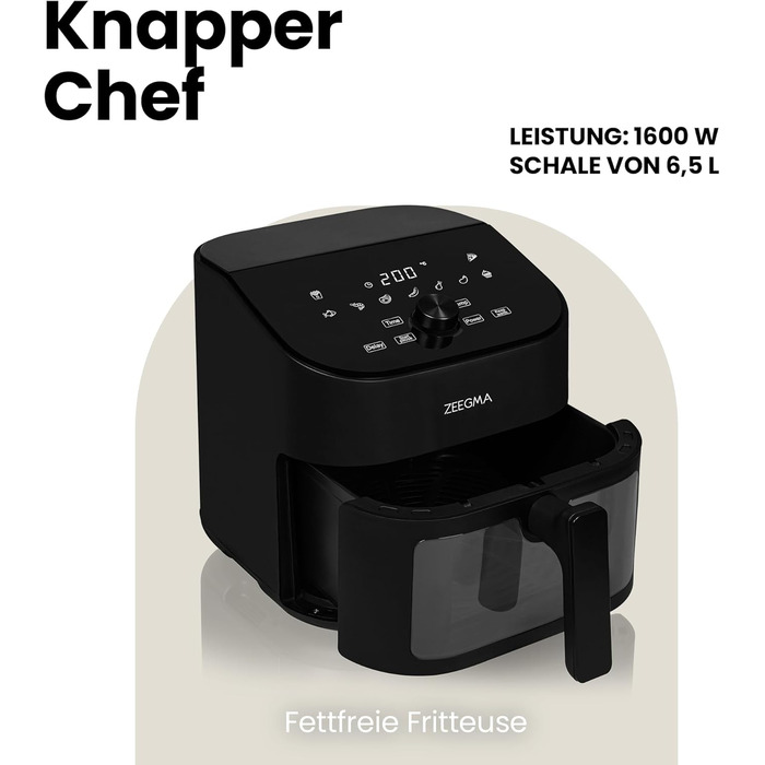 Фритюрниця без олії ZEEGMA KNAPPER, 1700 Вт, 2 відсіки, 9 л, таймер 60 хв, 11 програм, 60-200 °C, сенсорне керування, чорний колір