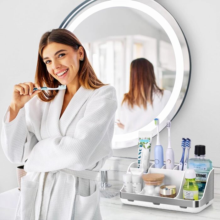 Тримач для зубних щіток у ванну кімнату: органайзер для електричної та звичайної зубної щітки, дозатор для пасти, 7 відділень, срібляста поверхня