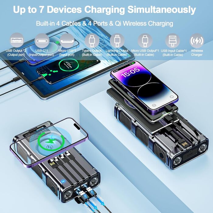 Сонячний Powerbank 26800 mAh з ручним генератором та 4 кабелями, водонепроникний зовнішній акумулятор для телефону, кемпінгу, подорожей (сріблястий)