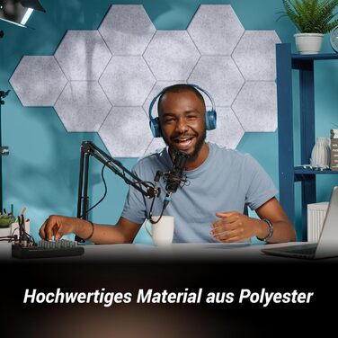 Акустичні гексагональні панелі TONOR самоклеючі, звукопоглинаючі шестигранні плитки для шумоізоляції стін (48 шт, сірі), 30x26x1 см для студії, офісу та геймінг-зони
