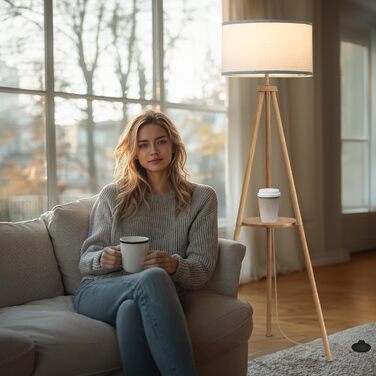 Стельова лампа на тренозі з полицею, з пульт керування, 3 колірні температури, для вітальні, спальні, офісу, бежевий абажур, стиль бері, декор