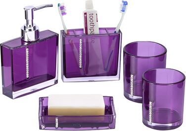 5-Piece Bathroom Accessory Set includes emulsion bottle, toothbrush holder, 2 rinsing cups, soap dish, plastic gift bath set, white (purple)
