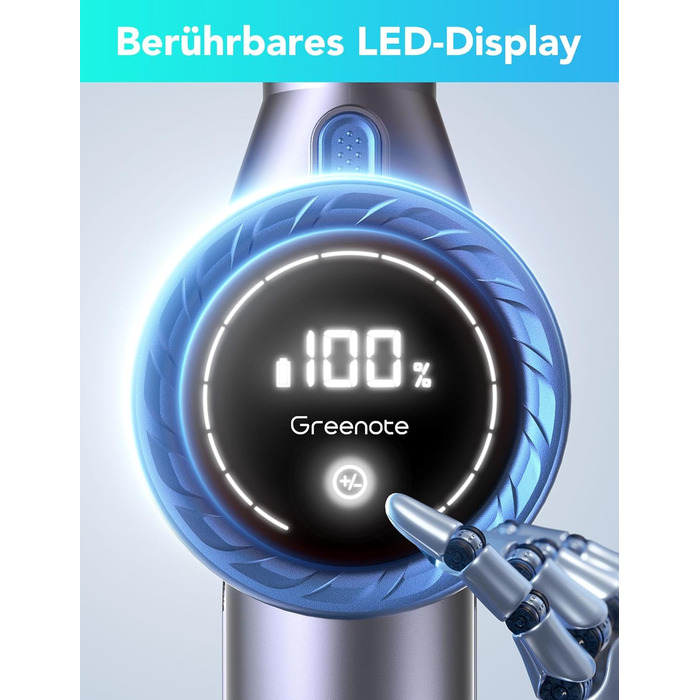 Greenote GSC60 Бездротовий акумуляторний пилосос, 33000Pa, з сенсорним екраном, до 40 хв роботи, 10 в 1, тихий, для твердих поверхонь, килимів, шерсті тварин