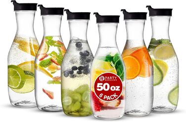 Party Bargains Plastic Carafe with Lid, Transparent, 6 Pack, Black Flip-Top Lid, Premium Quality and Robust Plastic Pitcher for Iced Tea, Powdered Juice, Cold Brew, Mimosas