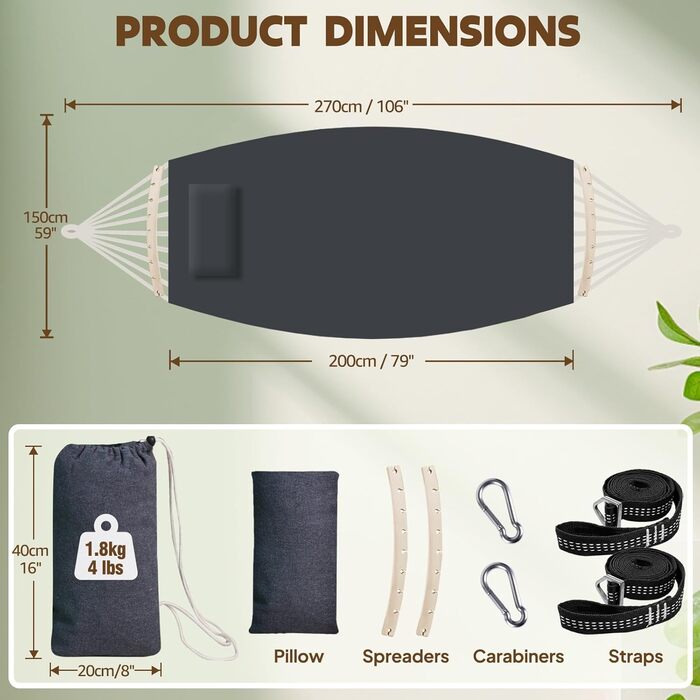 Гамак Chihee бавовняний великий, 270x150 см, до 300 кг, з подушкою та карабінами, темно-сірий