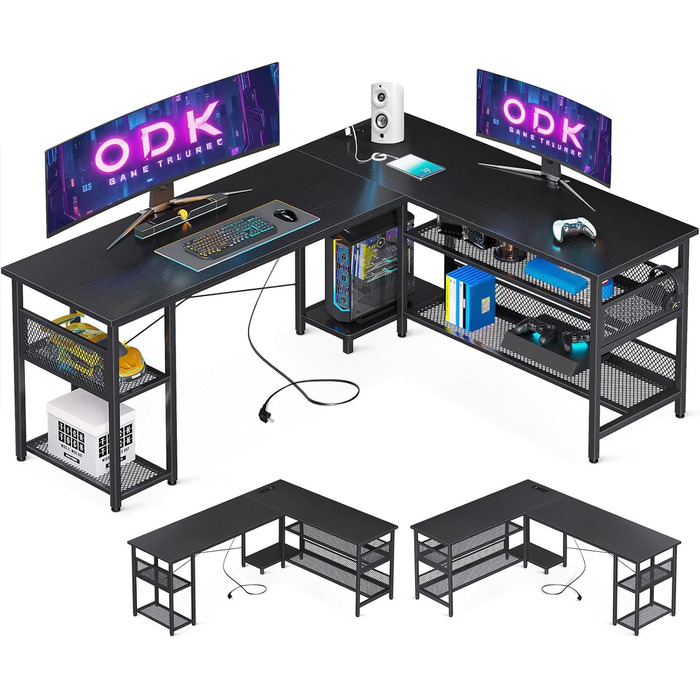 Ігровий стіл ODK L-подібний, чорний, з розетками та USB, 168×120 см, з великим простором для зберігання