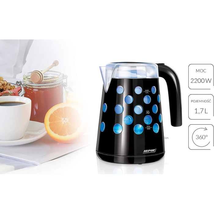 Електричний чайник MPM MCZ-85/G1, 1.7 л, без BPA, бездротовий, 360° обертання, антинакипний фільтр, автовимкнення, чорний, 2200W
