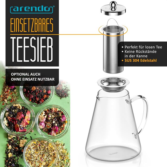 Чайник скляний Arendo з ситом 1200 мл – з боросилікатного скла, нержавіюча сталь, сито дрібного плетіння, термостійкий, для листового чаю, трав'яного чаю, фруктового чаю, чайник-заварник, довговічний