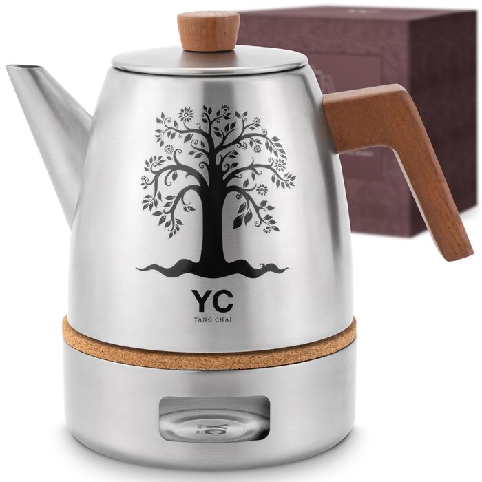 Термос-чайник YC Yang Chai з ситом із нержавіючої сталі 304, двостінний, 1.1 л, з дубовими ручками, сріблястий