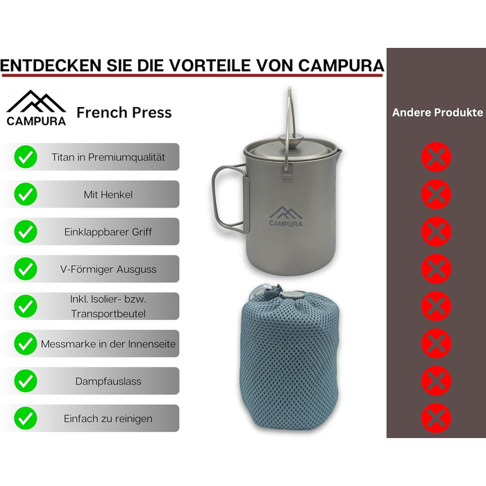 Титанова френч-прес 750 мл - Ultraleicht & Robust - Титановий посуд для приготування кави для кемпінгу, трекінгу та відпочинку на природі