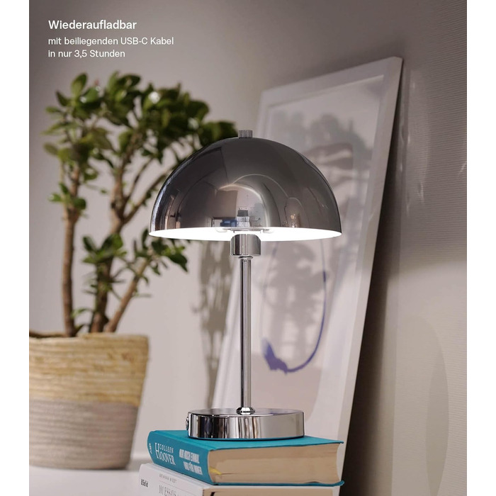 Mokebo® LED настільна лампа бездротова, акумуляторна, з регулюванням яскравості та USB-C, 'The Lighthouse', вінтажна лампа-горщик, грибний світильник та настільна лампа кольору тауп, метал, з батареєю, тепле біле світло, сріблястий колір