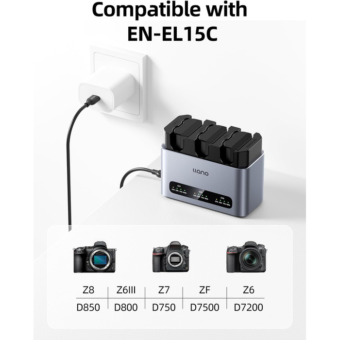 Набір з 3 акумуляторів llano EN-EL15C та швидкий зарядний пристрій 30W для Nikon Z8, Z7II, Z5II, ZF, Z6III, D850, Z7, Z6II, Z6, D7500, D750, D7200, алюмінієвий корпус, LED-індикація