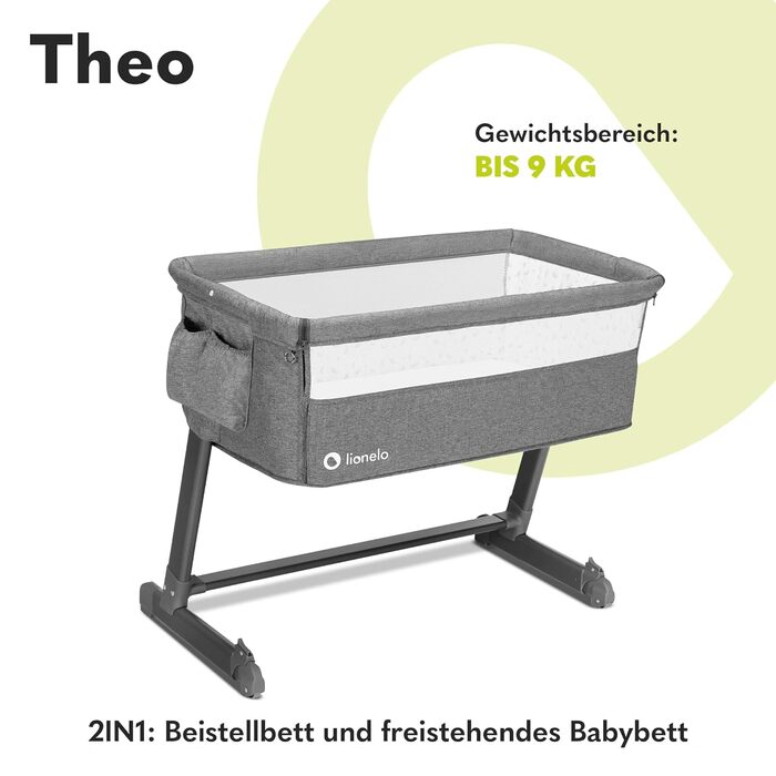Lionelo Theo 2-in-1 Baby Cot, Travel Cot for Baby, Bedside Cot for Baby from Birth up to 9 kg, Height Adjustment, Recline Adjustment, Foldable Side Rail, Mattress, Mosquito Net (Grey) Grey 1 Piece (1-Pack)