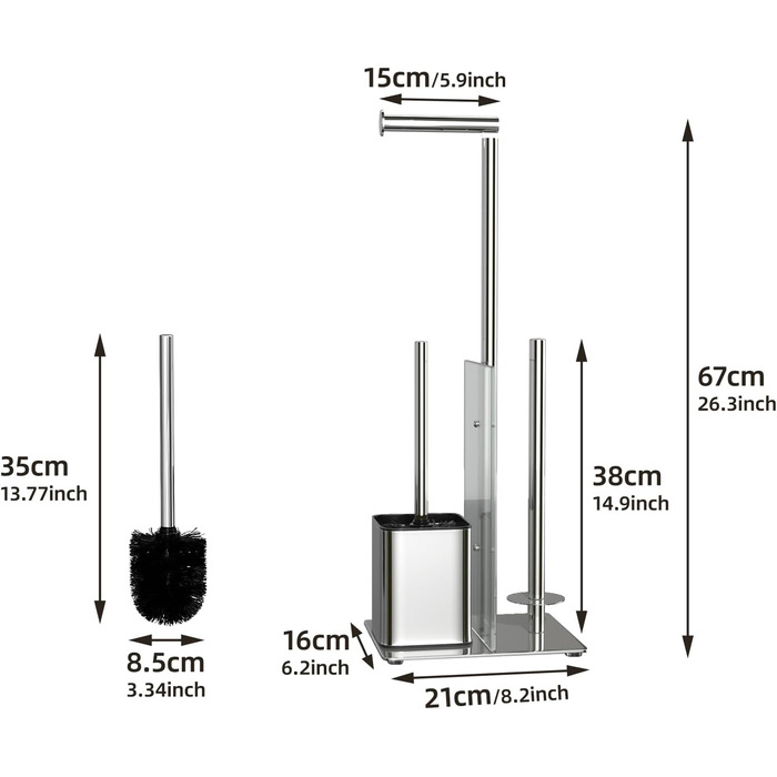 Stainless Steel Toilet Paper Holder Stand with WC Brush - Free Standing Toilet Brush and Toilet Paper Roll Holder with Glass Shelf (Silver)
