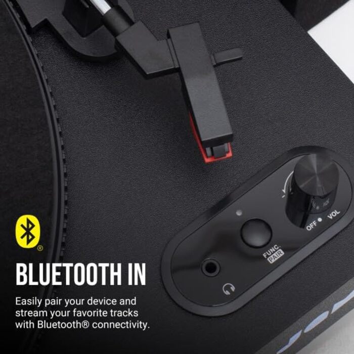 Програвач вінілових пластинок JAM з колонками Bluetooth – чорний. 3 швидкості, вбудовані динаміки, пилозахисний ковпак, попередньо налаштований тонарм, засіб для чищення вінілу.