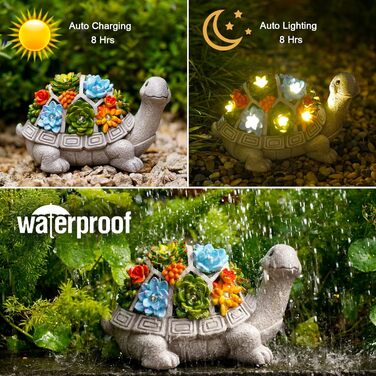 Yeomoo Solar Garden Figurines Turtle Garden Decor for Outdoors, with Succulents and 7 LED Lights Home Balcony Decoration, Cute Figurines Gifts for Women/Mom Decor for Room Terrace