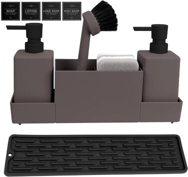 CAUTIOUS 350ML Sink Organizer with Brush, Soap Dispenser Sponge, Kitchen Dish Soap Dispenser Set Made of Plastic, Sink Organizer with Two Soap Dispensers, Kitchen Gadget Organizer (brown)