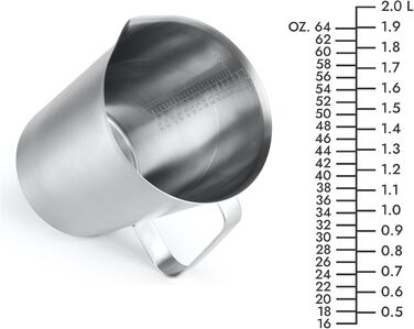 CURTA stainless steel measuring cup, 2L measuring cup, stainless steel milk frothing pitcher with markings, types of markings including ml, oz, and cup…