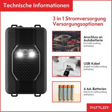 PATTLER® Захист від куниць для авто з миготливим світлом, універсальне живлення 12V/AA/USB, ефективний відлякувач для автомобіля, горища, саду, 2 шт.