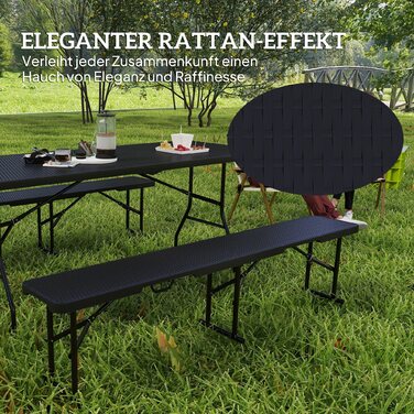 Outsunny 3-Piece Picnic Table and Bench Set, Folding, Plastic & Metal, Black