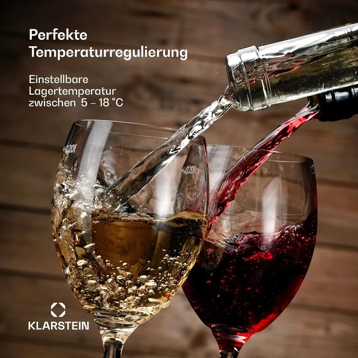 Klarstein Wine Fridge - 16/24 Bottle Wine Cooler with Glass Door - Stainless Steel - 5-18°C Temperature Control - Indoor/Outdoor Use