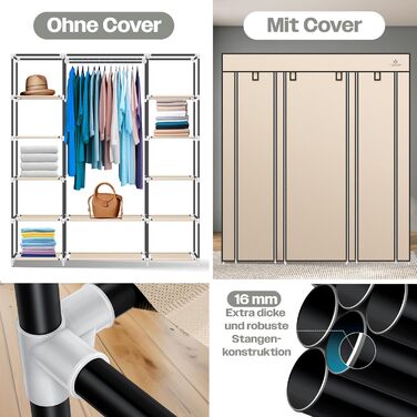KESSER® Wardrobe Clothes Rack Stable with Clothes Rail & Shelves, Incl. 5x Clothes Hangers, Fabric Folding Wardrobe for Bedroom, Dressing Room Clothes Rack 150x45x175cm (Beige)