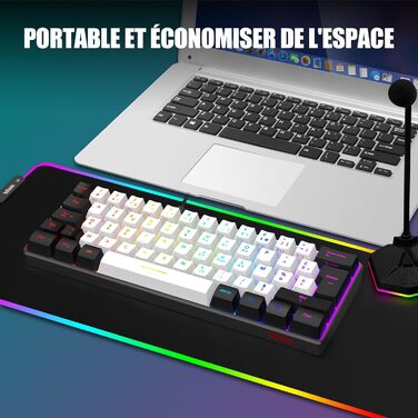 RedThunder K62 Бездротова ігрова клавіатура та миша, RGB, AZERTY, 62 клавіші, міні, для PC PS5 (Біло-Чорний)