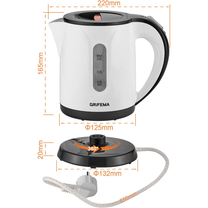 Електричний чайник GRIFEMA 0.8L, 1100W з фільтром від накипу, без BPA, автоматичне вимкнення, захист від перегріву, білий пластик